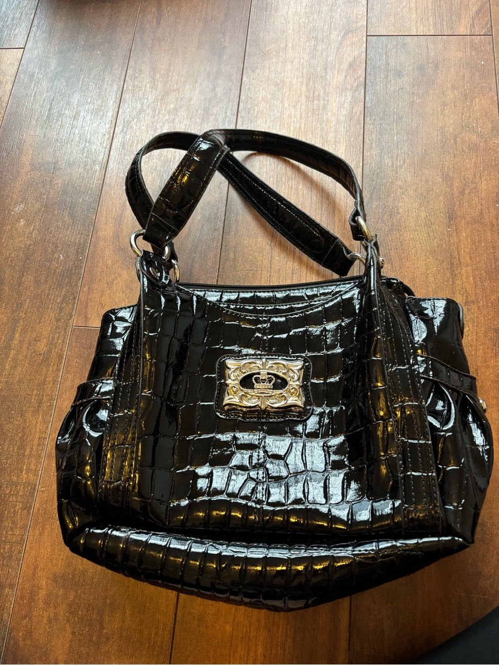 Kathy Van Zeeland Black Croc-Embossed Patent Shoulder Bag with Logo Plate